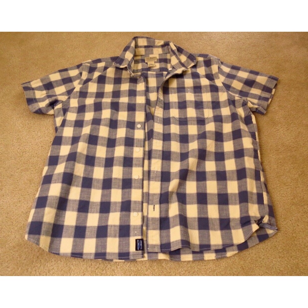 LL Bean Mens Large Blue White Plaid Short Sleeve Button Down Shirt 514024
